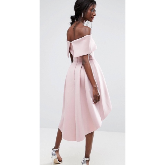 ASOS Deep Bardot Foam Scuba Dip Back Dress Mink - Picture 2 of 3